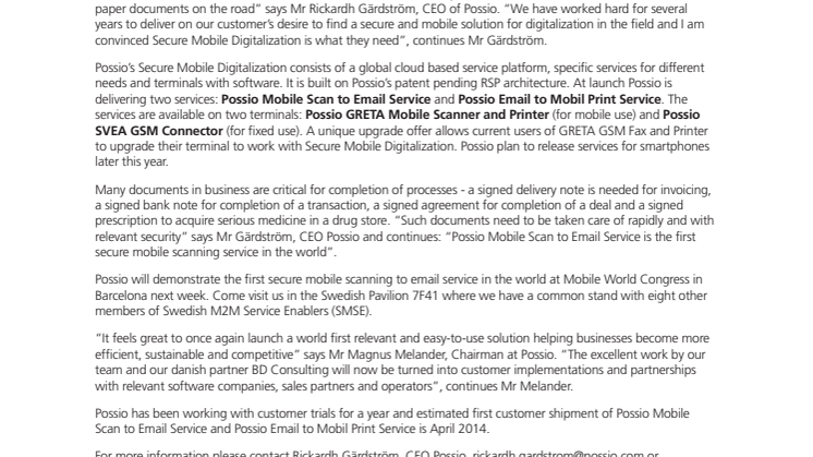 World first: Possio deliver Secure Mobile Digitalization solution for better business processes and document management 