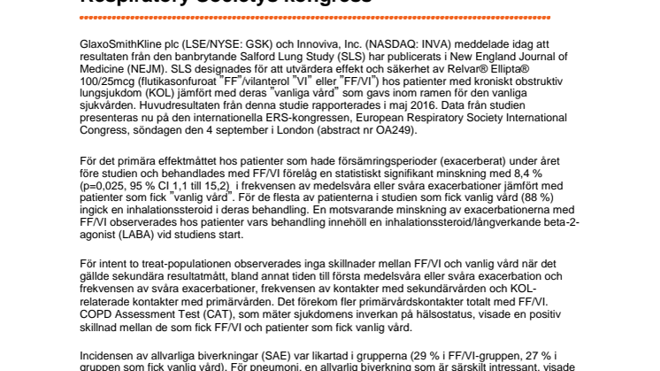 Resultat från KOL-studien Salford Lung Study publicerade i NEJM och presenterade vid European Respiratory Societys kongress