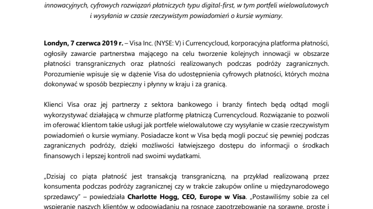 Visa i Currencycloud będą wspólnie tworzyć nowe doświadczenia płatnicze przy transakcjach transgranicznych i podczas podróży zagranicznych 