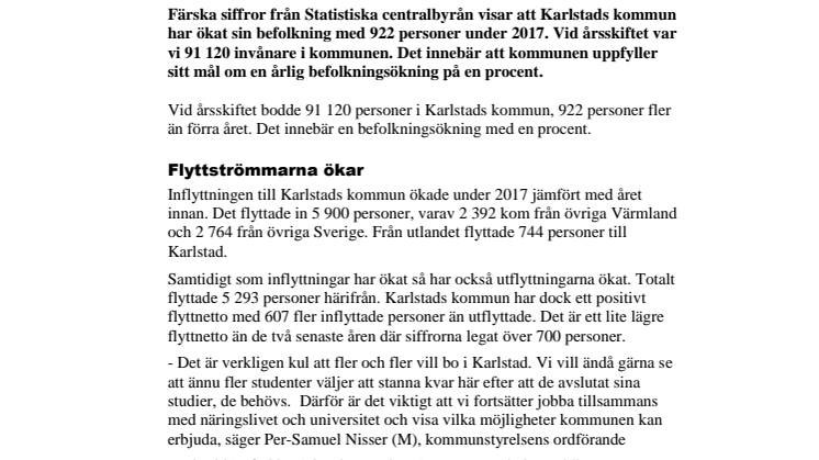 ​Befolkningen fortsätter öka i Karlstad