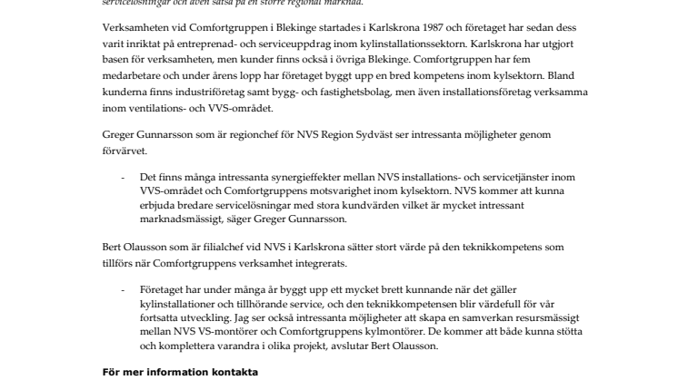 NVS i Karlskrona expanderar efter förvärv av Comfortgruppen i Blekinge AB
