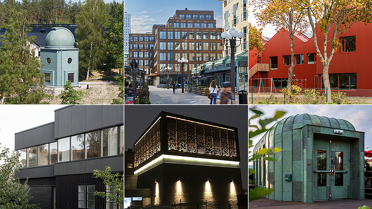 Fr.v övre raden: Observatoriet Näs gård/LINK Arkitektur, Kv Nattugglan/Equator, Mörrums skola/FOJAB. Fr.v nedre raden: House Rio/Krupinski / Krupinska, Wisdome/New Line Arkitekter, Kaparen/OKIDOKI.
