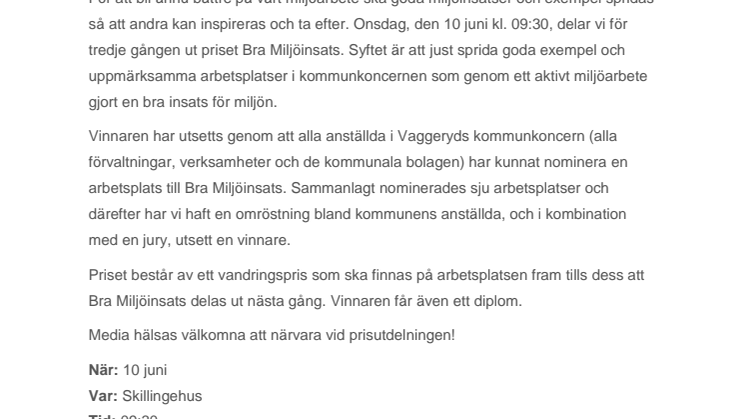 Pressmeddelande - utdelning av priset Bra Miljöinsats 