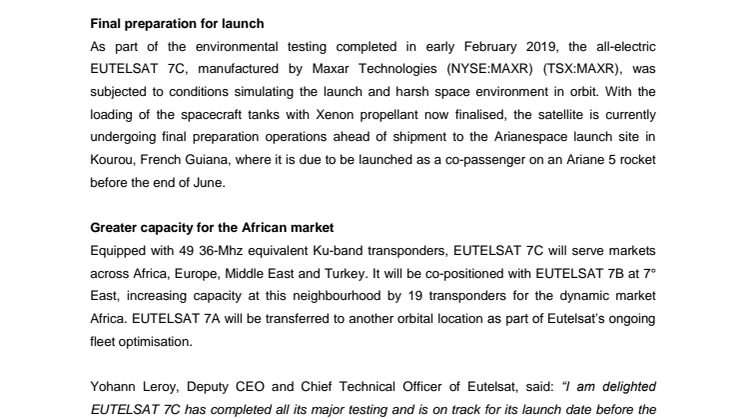 EUTELSAT 7C completing final stages of pre-launch preparation