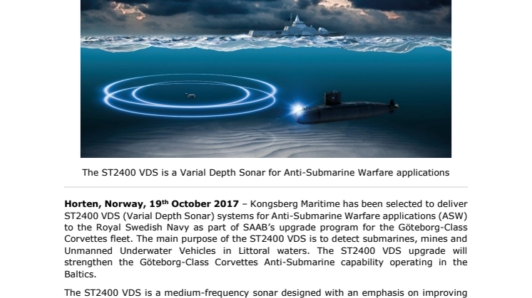 Kongsberg Maritime: SAAB Chooses KONGSBERG Naval Sonars for Mid-Life Upgrade of Göteborg-Class Corvettes