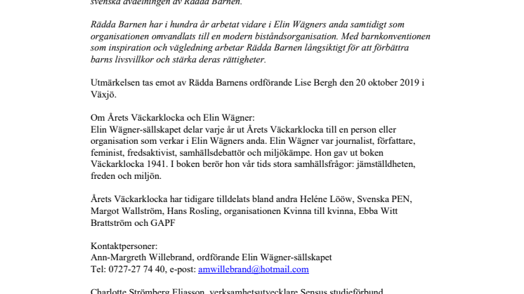 ​Rädda Barnen tilldelas Årets Väckarklocka 2019