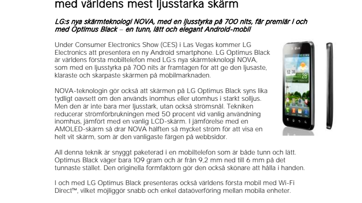 LG presenterar Optimus Black – ny smartphone med världens mest ljusstarka skärm  