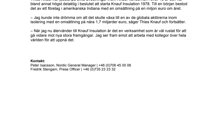 Ny koncernchef för Knauf Insulation 