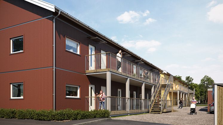 Illustration av entrésida med gemensamma stråk, BoKlok Sörgården i Åkersberga. 