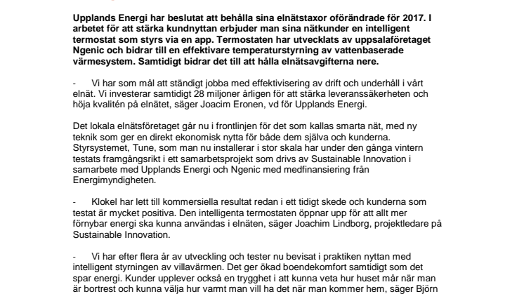 Upplands Energi går mot trenden: Behåller elnätsavgiften oförändrad och erbjuder nätkunderna intelligent termostat
