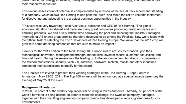 Plantagon is a Finalist for the 2011 Red Herring Top 100 Europe Award 