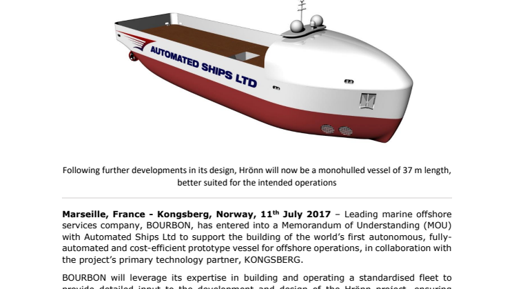 Kongsberg Maritime: BOURBON joins Automated Ships Ltd and KONGSBERG to deliver groundbreaking autonomous offshore support vessel prototype