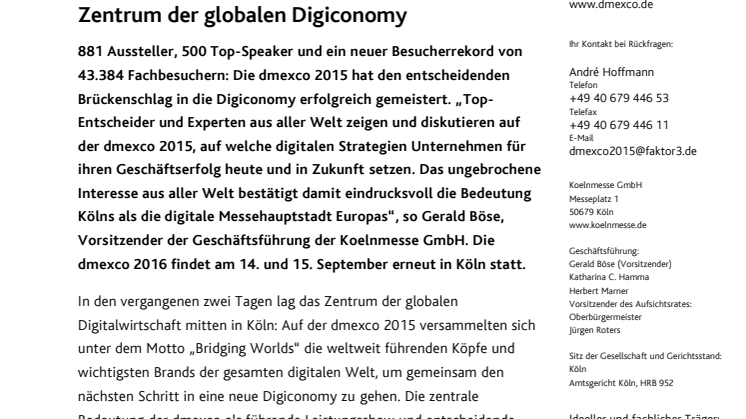 Über 43.000 Fachbesucher: dmexco 2015 ist das Zentrum der globalen Digiconomy