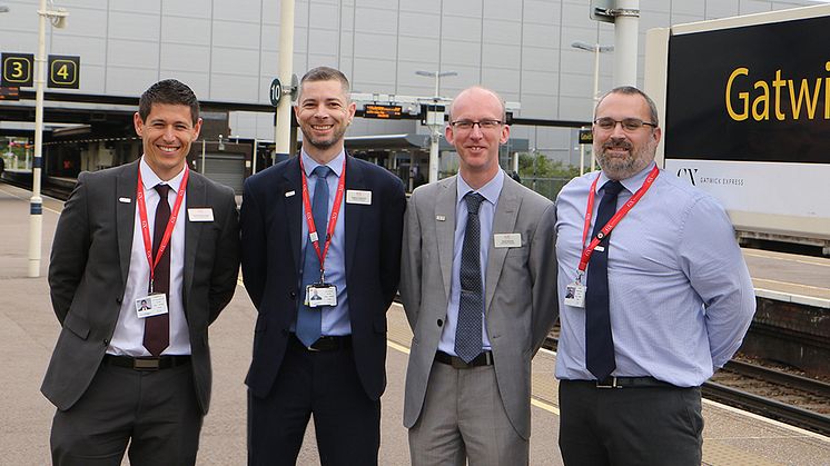 Platform - from left, Stephen MacCallaugh, Head of Gatwick Express, Stephen Darbyshire, Operations Manager, David Stronell, Area Station Manager, Tim Aveline, On-Board Services Manager