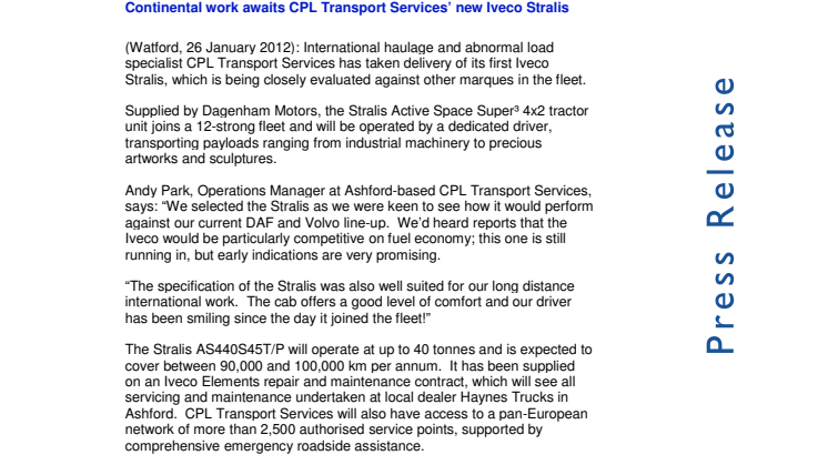 Continental work awaits CPL Transport Services' new Iveco Stralis 
