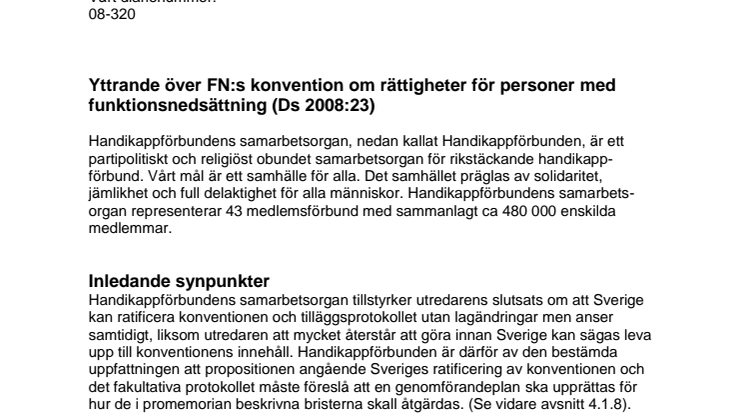 Yttrande över FN:s konvention om rättigheter för personer med funktionsnedsättning (Ds 2008:23)