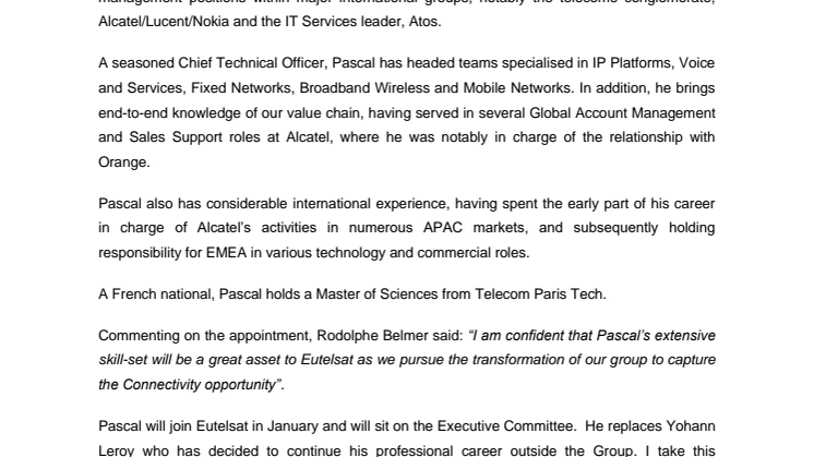 Eutelsat announces the appointment of Pascal Homsy as Chief Technical Officer