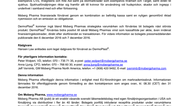 Moberg Pharma slutför förvärv av DermoPlast från Prestige Brands