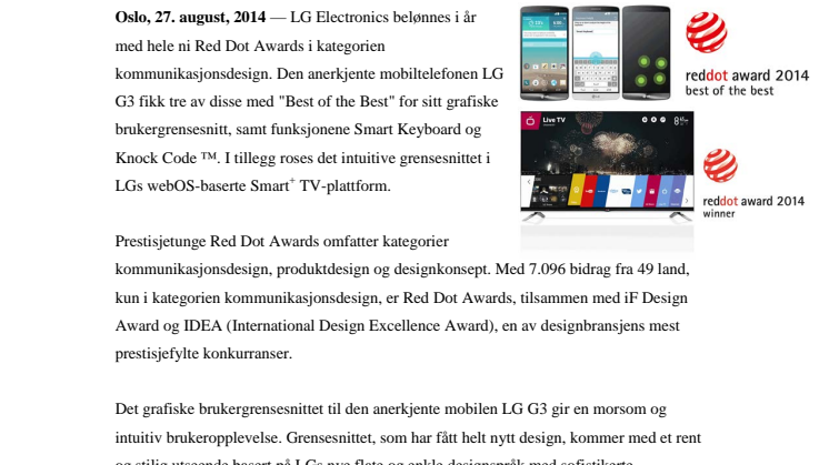 LG G3 OG LG WEBOS LOVPRISES I PRESTISJETUNGE RED DOT AWARDS 2014