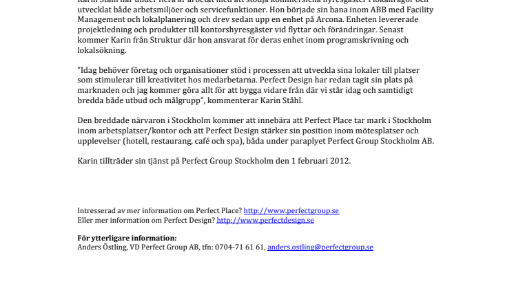 Karin Ståhl ny VD på Perfect Group Stockholm AB