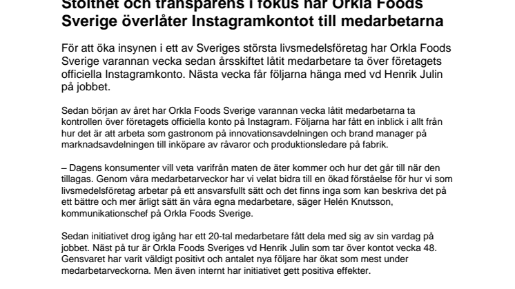 ​Stolthet och transparens i fokus när Orkla Foods Sverige överlåter Instagramkontot till medarbetarna