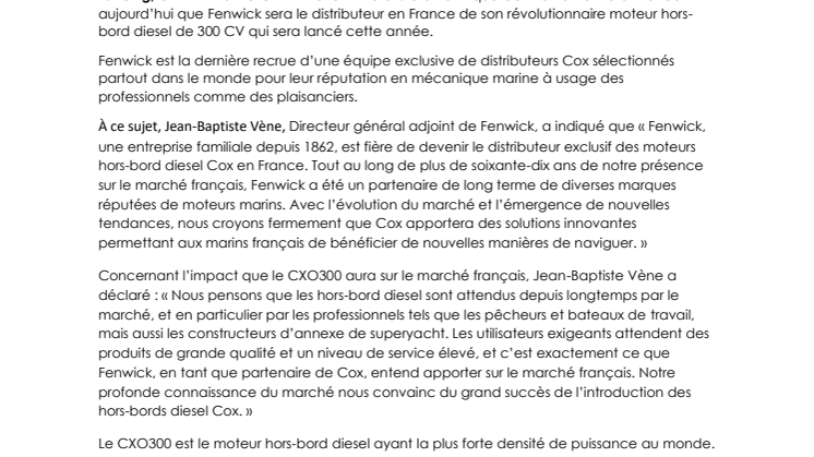Cox Powertrain: Le Distributeur pour la France du Hors-Bord Diesel le Plus Puissant au Monde Sera Fenwick