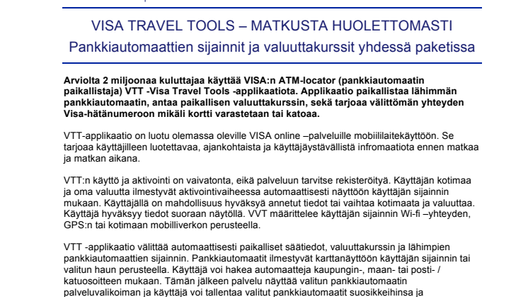 VISA TRAVEL TOOLS – MATKUSTA HUOLETTOMASTI: Pankkiautomaattien sijainnit ja valuuttakurssit yhdessä paketissa