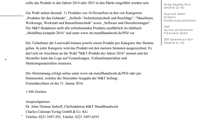 M&T-Metallhandwerk sucht das "Produkt des Jahres 2016"