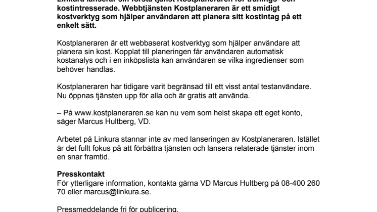 Nytt webbaserat kostverktyg lanseras nu av LEAD-bolaget Linkura