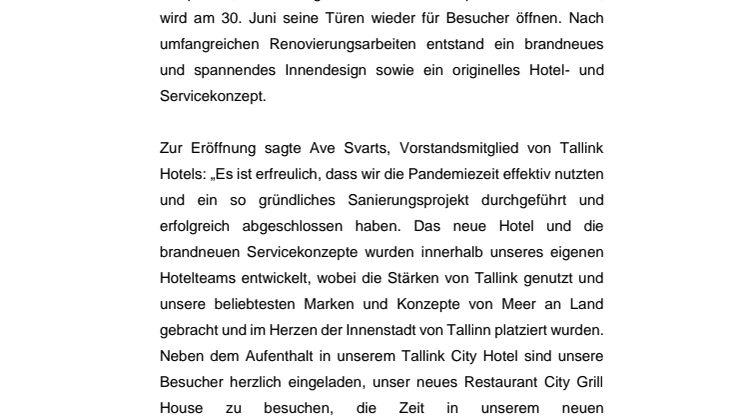 Das komplett renovierte Tallink City Hotel mit einem brandneuen Konzept öffnet am 30. Juni 2021