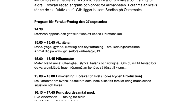 ForskarFredag på GIH - Gratis träning och hälsa för seniorer
