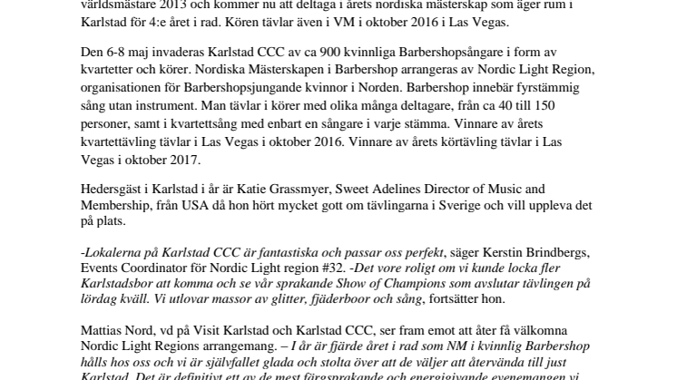 Pressinbjudan Nordiska Mästerskapen i kvinnlig Barbershop: världsmästarkör till Karlstad 2016