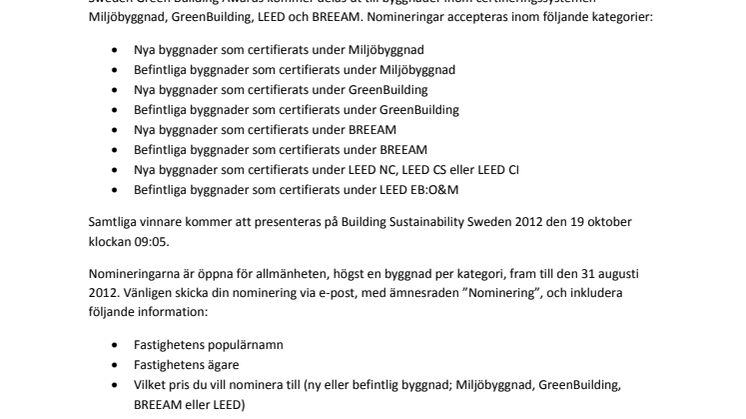 Sweden Green Building Awards delas ut för första gången - nominera nu!