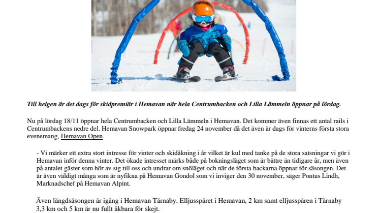 Hemavan öppnar för skidåkning till helgen