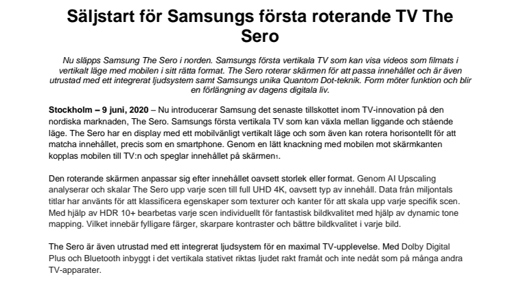 Säljstart för Samsungs första roterande TV The Sero 