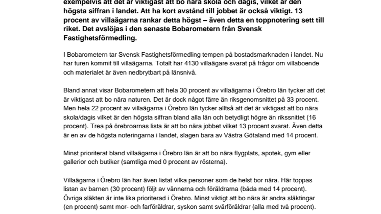 Bobarometern: Nära till skola och jobb viktigast för villaägare i Örebro