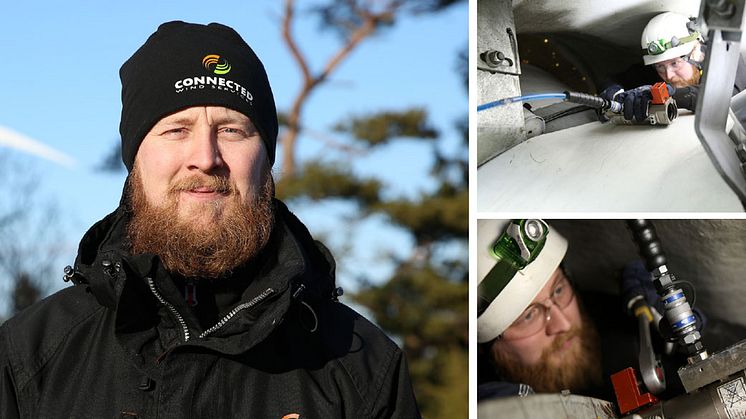 Jonas Norrman, vindkrafttekniker vid Connected Wind Services, älskar sitt jobb. "Den nya säkerhetslåsningen från CEJN får mig att känna mig mycket säkrare, säger Jonas Norrman, Connected Wind.