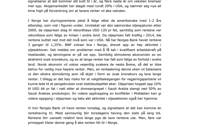 Makrorapport september 2019: Oljeprishopp gir renteøkning i Norge på torsdag tross kutt i Europa og USA.