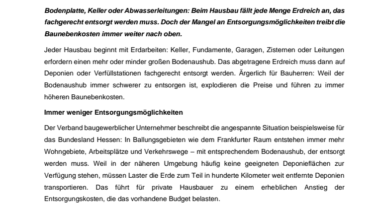 Bauen wird teurer: Bodenaushub und Entsorgung werden zum entscheidenden Kostenfaktor