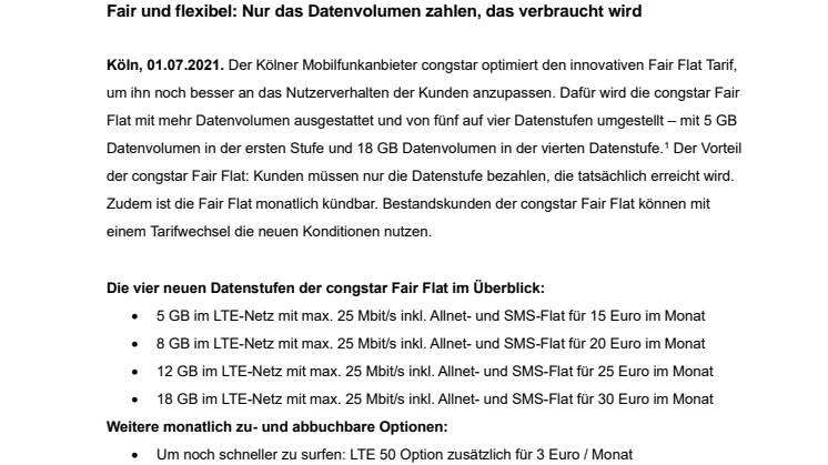 congstar optimiert Fair Flat: bis zu 18 GB pro Monat