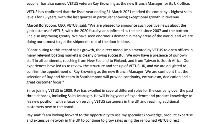 VETUS Announces Record Global Sales