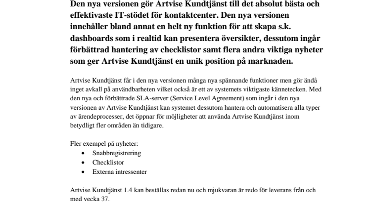 Artvise AB lanserar nu version 1.4 av Artvise Kundtjänst!