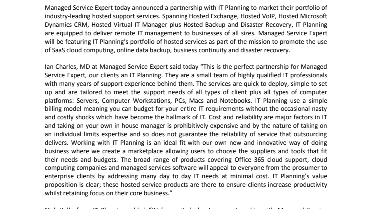 Managed Service Expert unveils partnership with IT Planning on cloud services portal website.