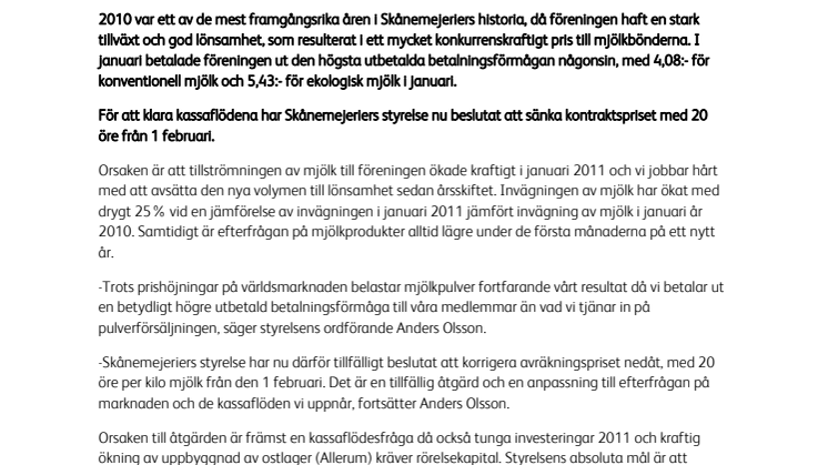 Kontraktspriset justeras 20 öre från 1 februari