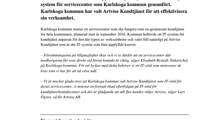 Artvise AB får order av Karlskoga kommun gällande Artvise Kundtjänst!