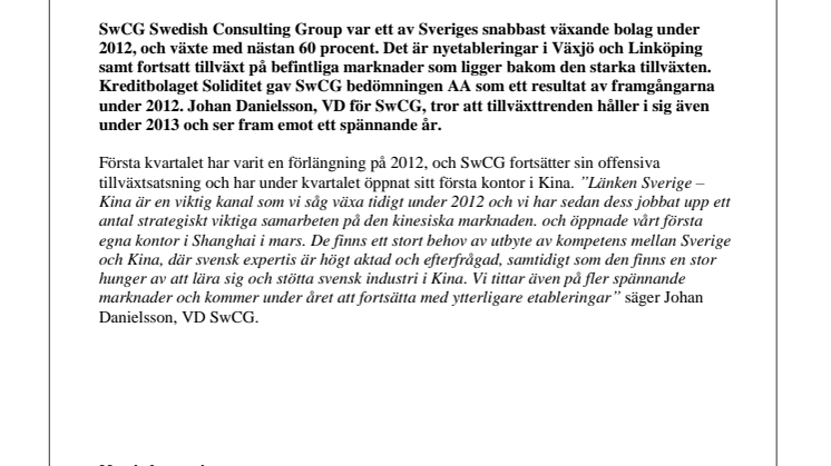 SwCG – ett av Sveriges snabbast växande bolag under 2012