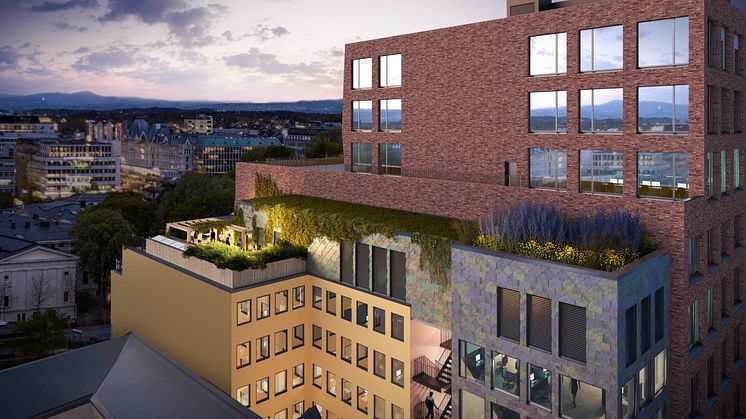 I Tullinkvartalet i Oslo tenker Entra ASA nytt om gamle bygg. Kristian August gate 13 er ett av eksemplene i tipsheftet. Illustrasjon: Entra ASA/Mad arkitekter