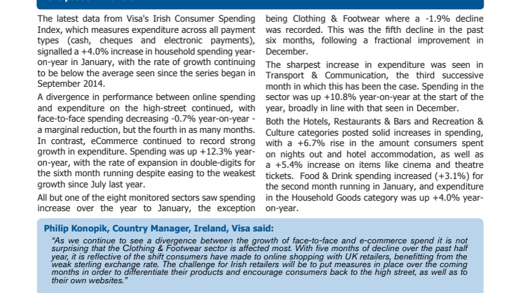 Irish consumer spending increases +4% year-on-year in January