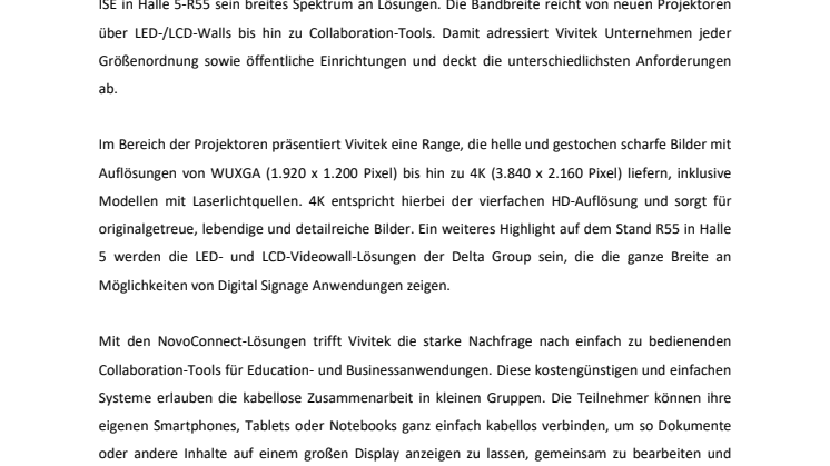 VIVITEK AUF DER ISE 2017 – INNOVATIVE AV-LÖSUNGEN FÜR VIELFÄLTIGE ANSPRÜCHE