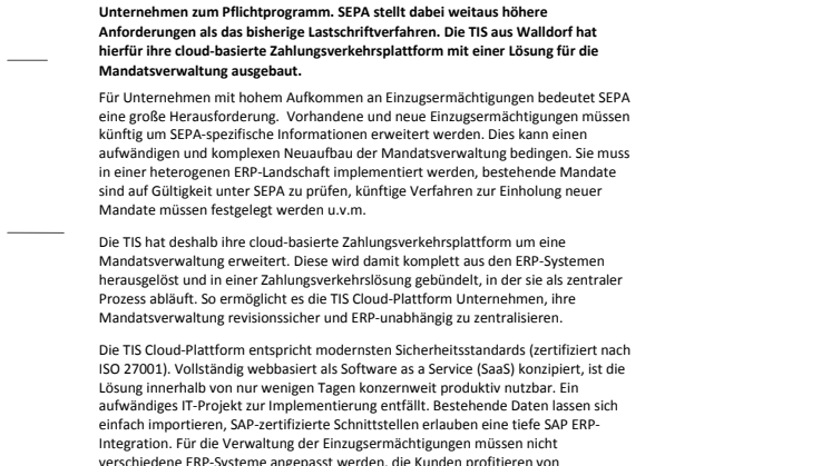 TIS baut Cloud-Plattform mit einer SEPA Lastschrift-Mandatsverwaltung weiter aus 